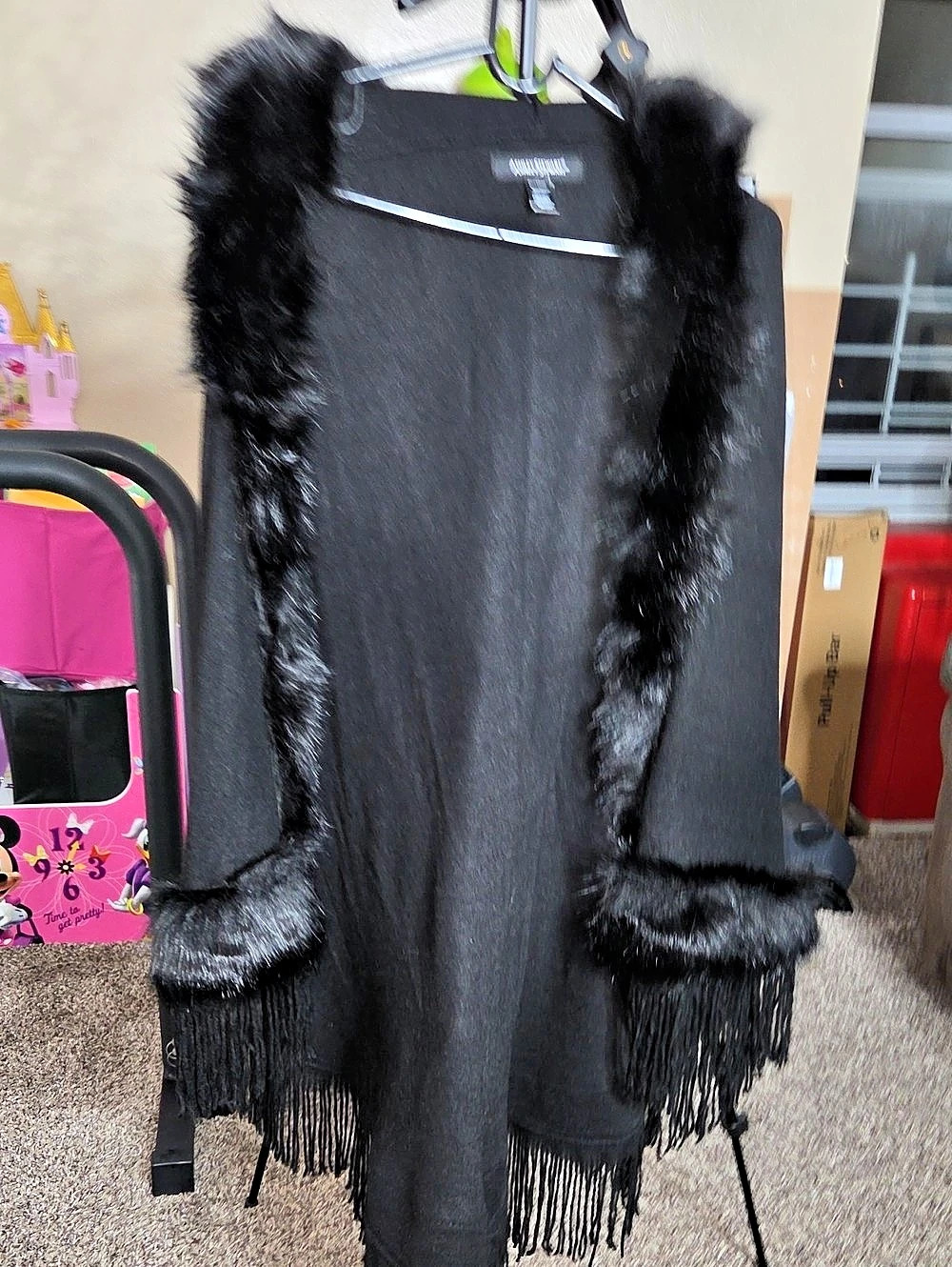 Ashley Stewart Black Faux Fur Trim Fringe Vest Size 2X